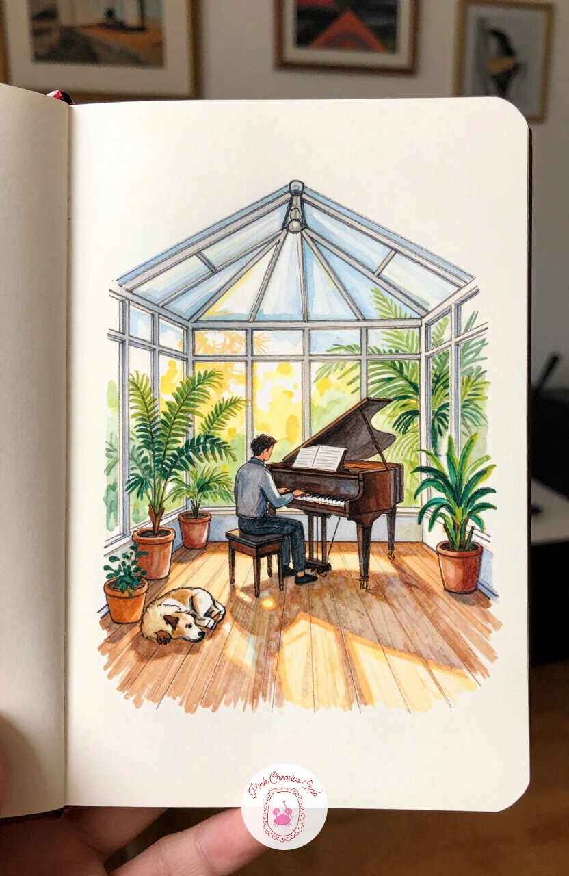 Conservatory Piano Recital — Take the music room idea further into a grand glass conservatory, where a pianist plays for an audience of potted ferns and one