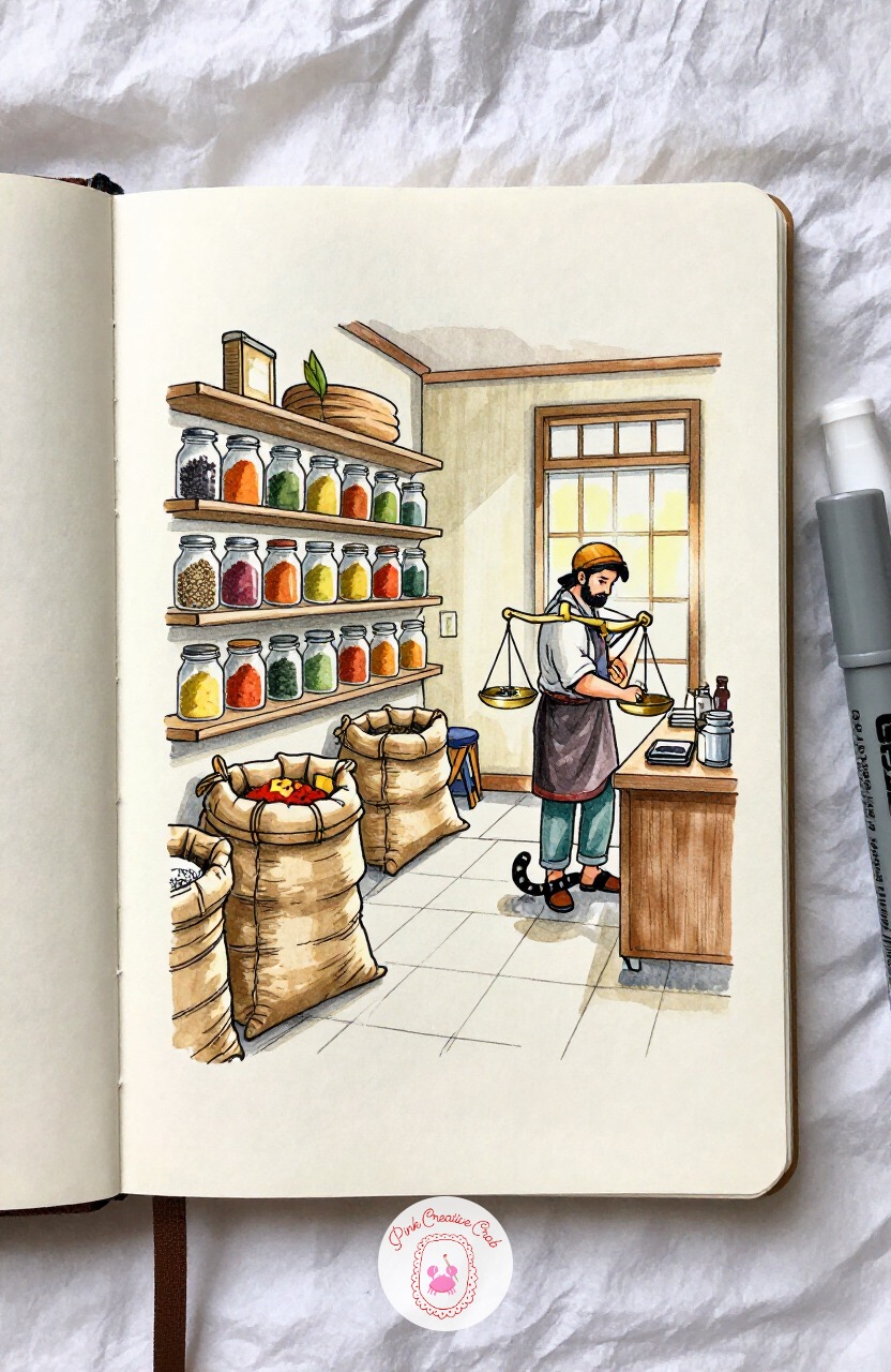 Spice Shop Back Room — Leave the quiet desk behind for a room full of color and texture: a spice merchant's back room, sacks and jars of every warm hue stacked