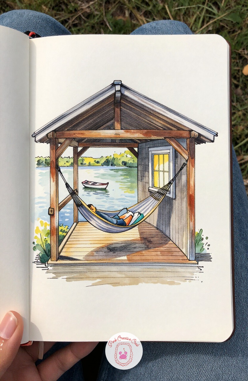 Boathouse Reading Dock — Trade solid walls for open water in a lakeside boathouse, half indoors and half out, with a hammock strung between two posts. Interior