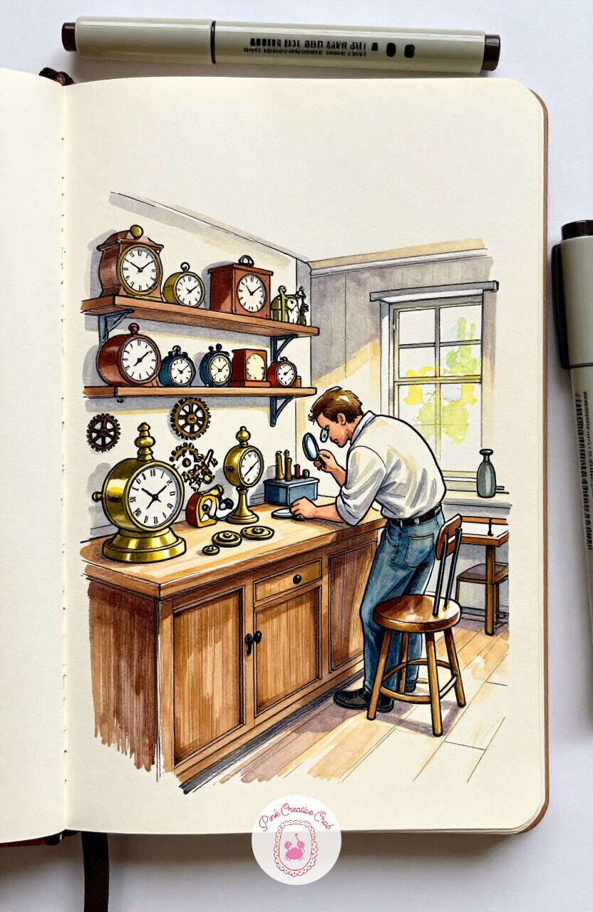 Watchmaker's Cluttered Counter — Zoom in tighter for a watchmaker's shop, every shelf crammed with clocks and gears. Interior design sketchbook