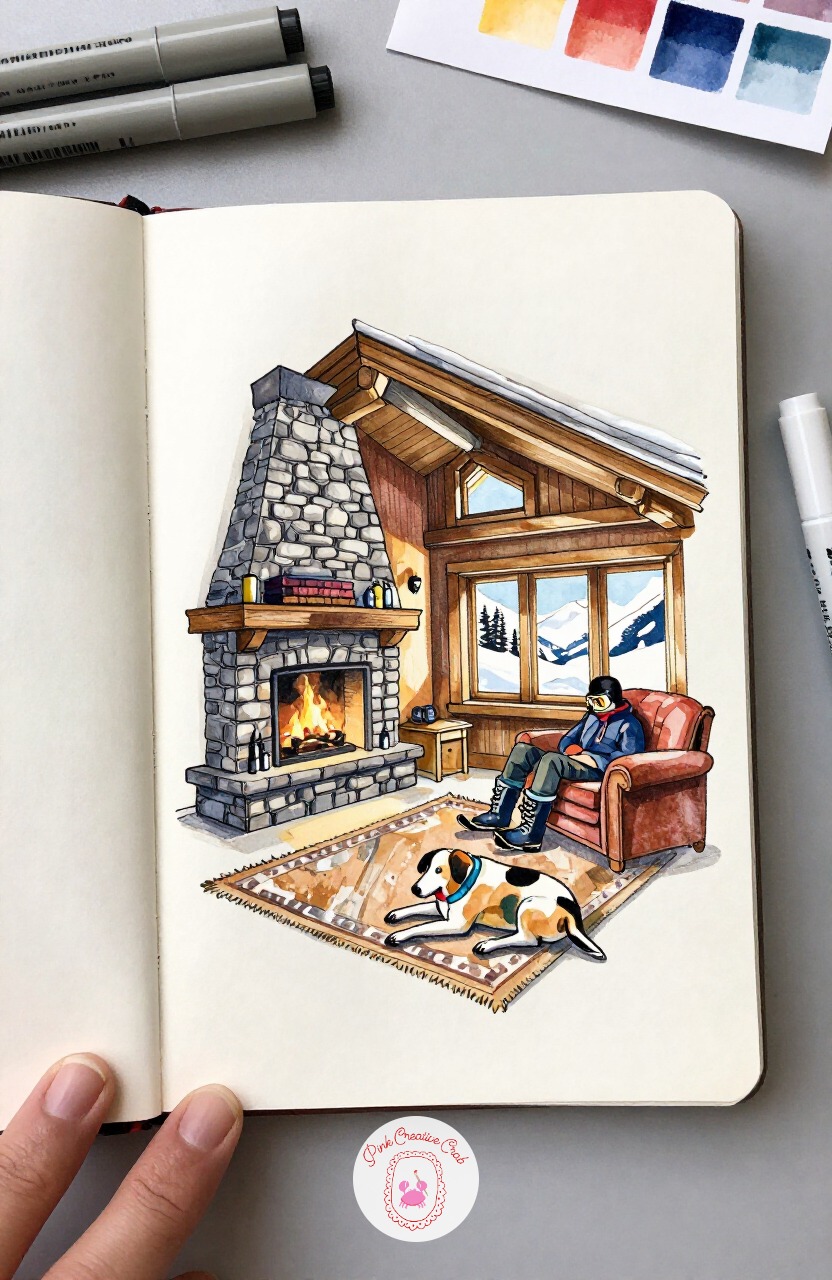 Ski Chalet Fireside Evening — Warm back up with a ski chalet living room, snow visible through the window and a fire blazing in a stone hearth. Interior design