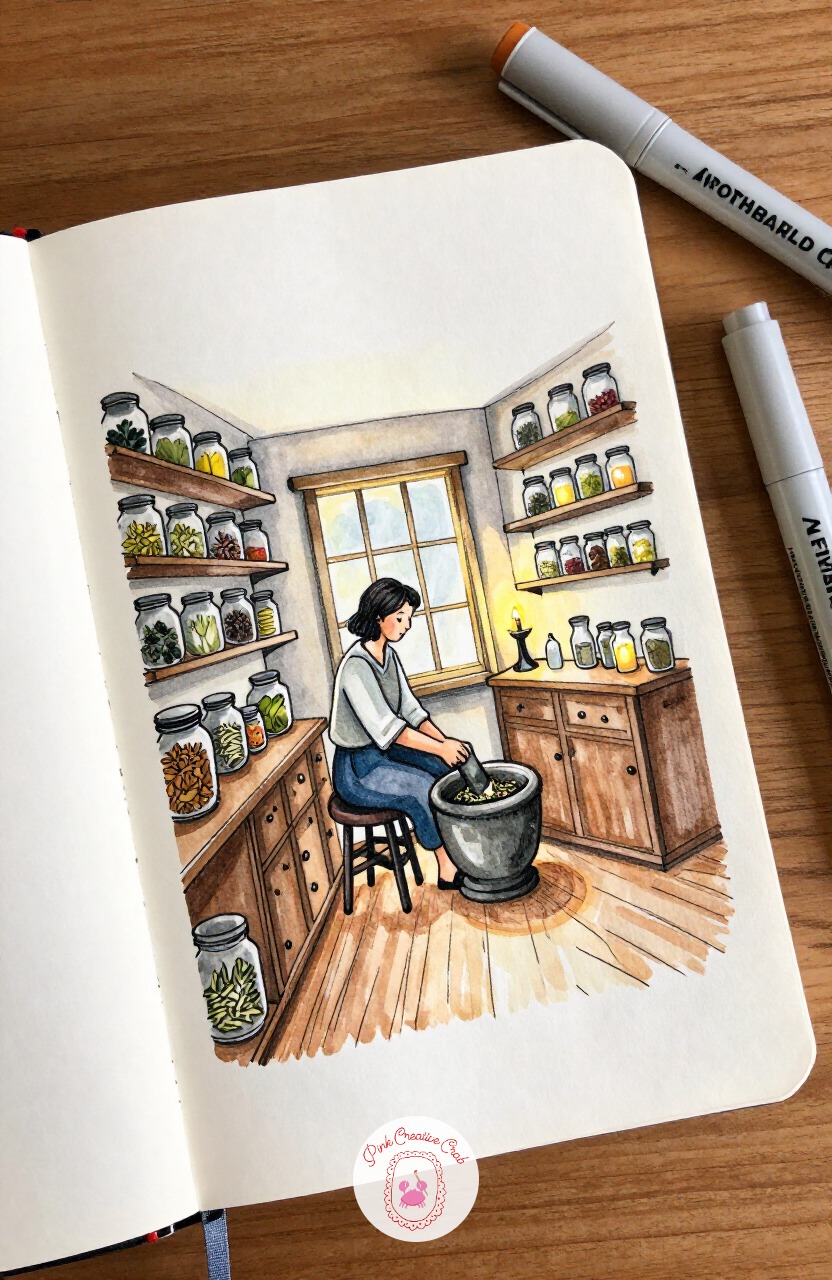 Apothecary Mixing Room — Keep the warm firelight glow but move it into an apothecary's mixing room, jars of dried herbs and tinctures lining every wall.