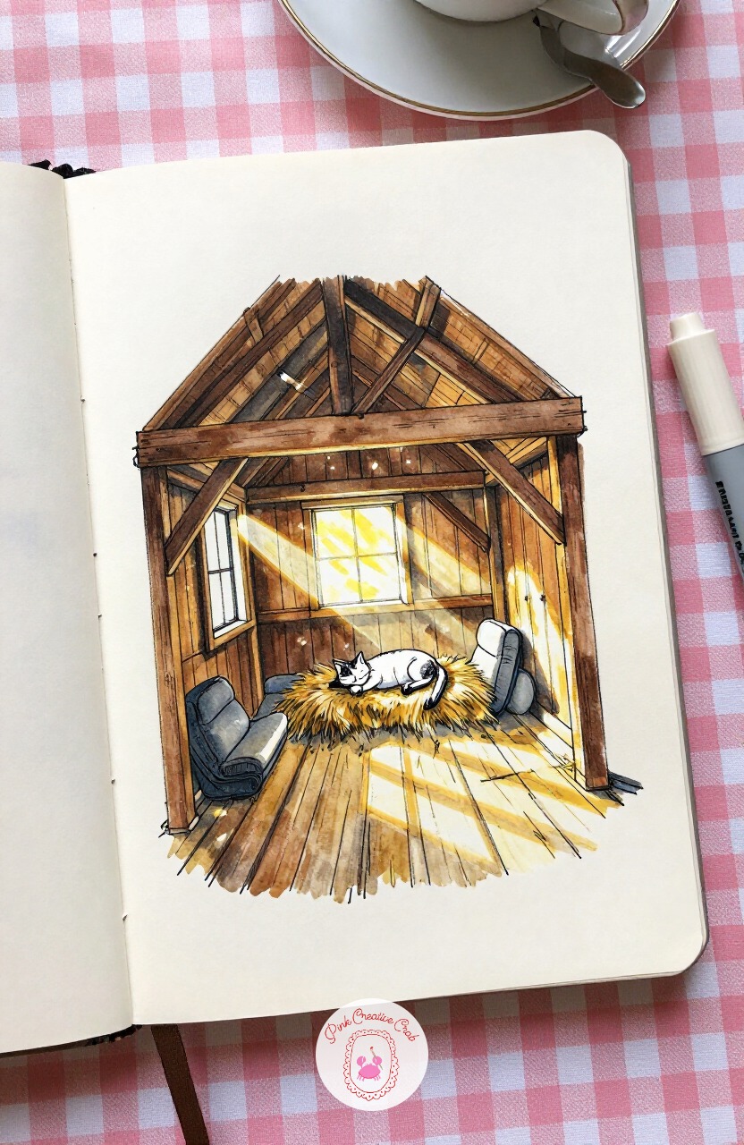 Barn Loft Hayloft Nap — Climb up into a rustic barn hayloft next, sunlight slanting through gaps in the wood slats above. Interior design sketchbook