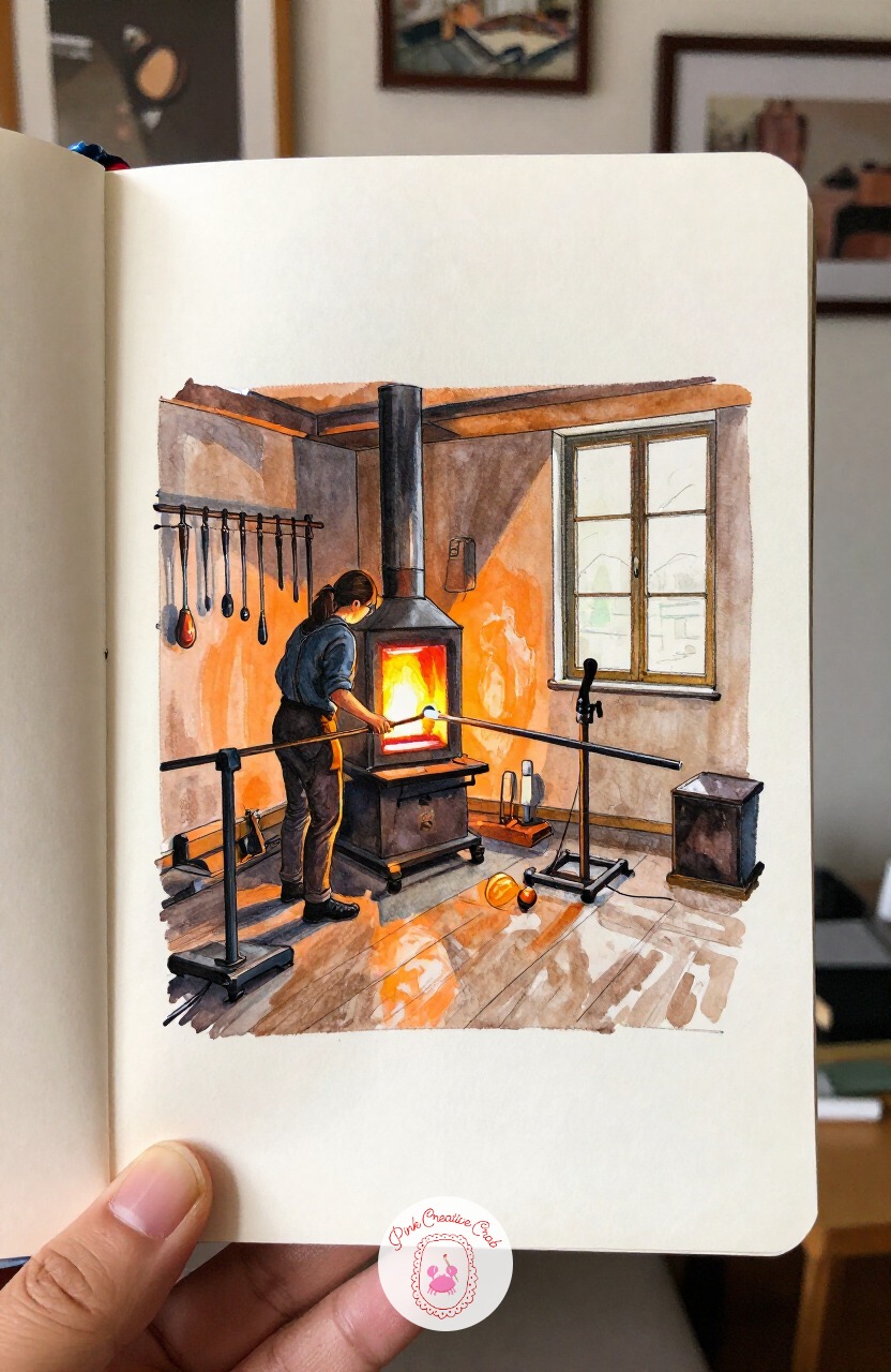 Glassblower's Furnace Room — Turn up the heat again with a glassblower's furnace room, orange light pouring from the open kiln. Interior design sketchbook