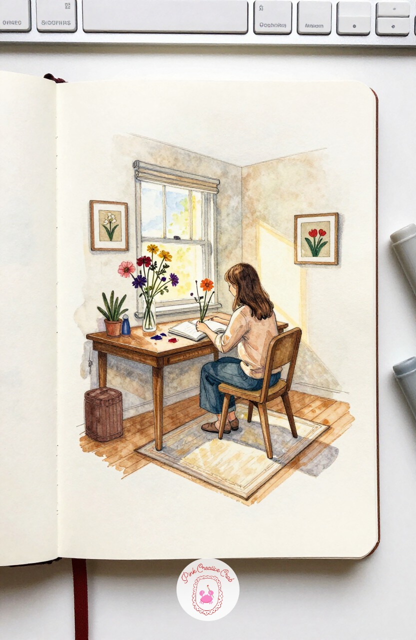 Botanical Pressed-Flower Study Room — Settle back into something quieter after all that heat: a small study room where someone presses flowers between heavy