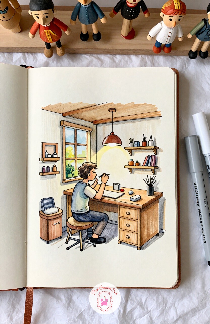 Puppet Maker's Workshop Shelf — Fill a shop with handmade puppets next, strings and painted faces crowding every shelf. Interior design sketchbook