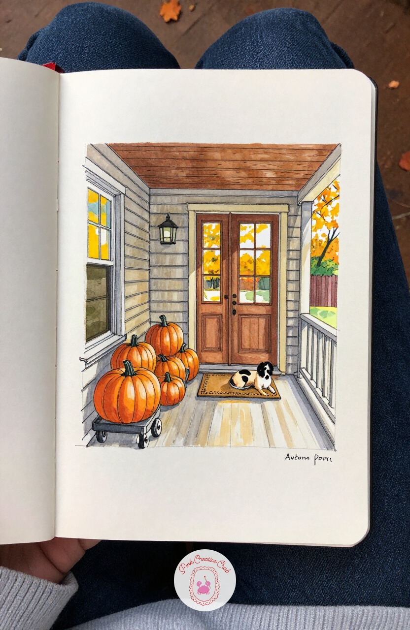 Autumn Porch With a Pumpkin Haul — Step just outside the main house for a change of scene: a covered porch in autumn, pumpkins stacked by the door and a dog