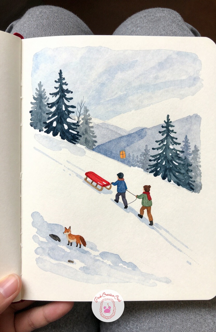 Kids Pulling a Sled Uphill — Start here if you want an easy warm-up: two small figures leaning into a rope, dragging a red sled up a pale hill. Winter