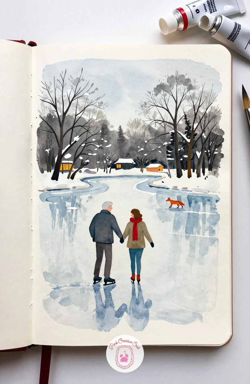 Old Couple Skating on a Frozen Pond — Following that sled up the hill, let's come back down to flatter ground for a pond scene. Winter sketchbook