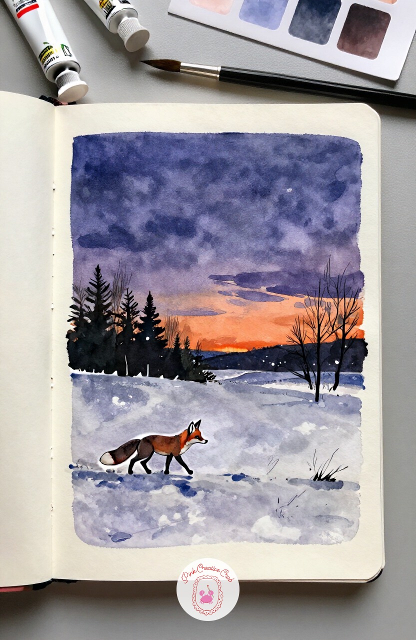 Fox Crossing a Snowy Field at Dusk — From the pond's quiet motion, shift to something wilder: a fox picking its way across an open field as the light fades.