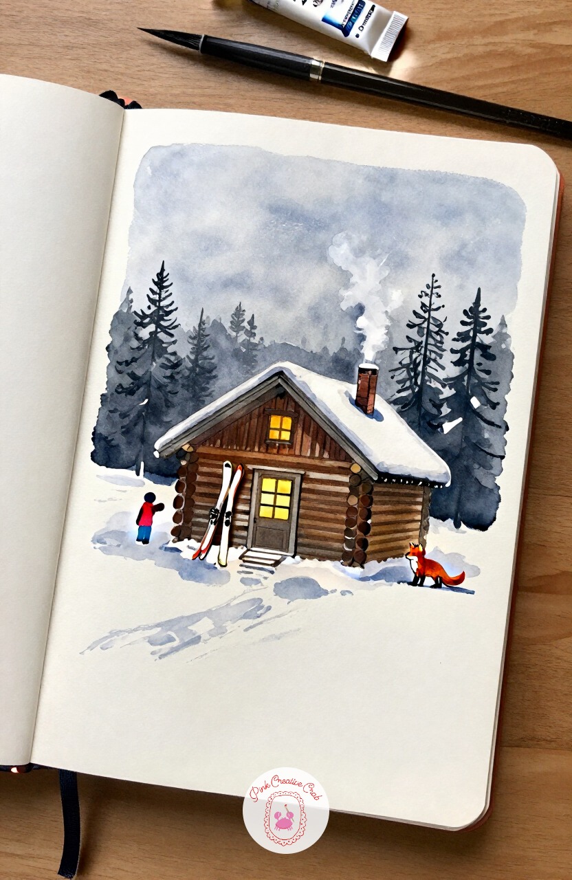 Cabin With Skis Leaning by the Door — After that open field, bring the eye in close to a warm little building: a log cabin with a pair of skis propped against
