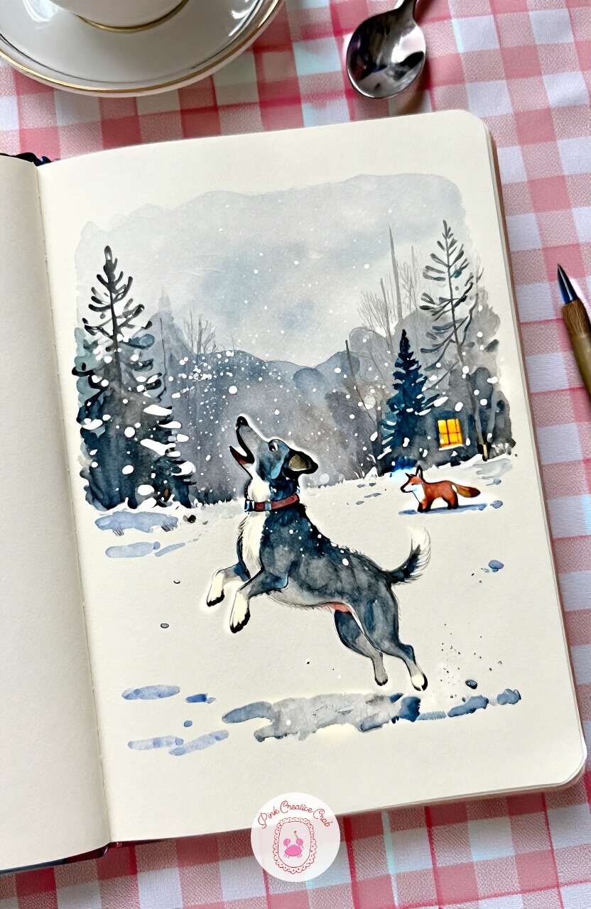 Dog Catching Snowflakes — Cabins and fields can wait a page, because a dog mid-leap catching snowflakes is pure joy to paint and a nice change of pace. Winter