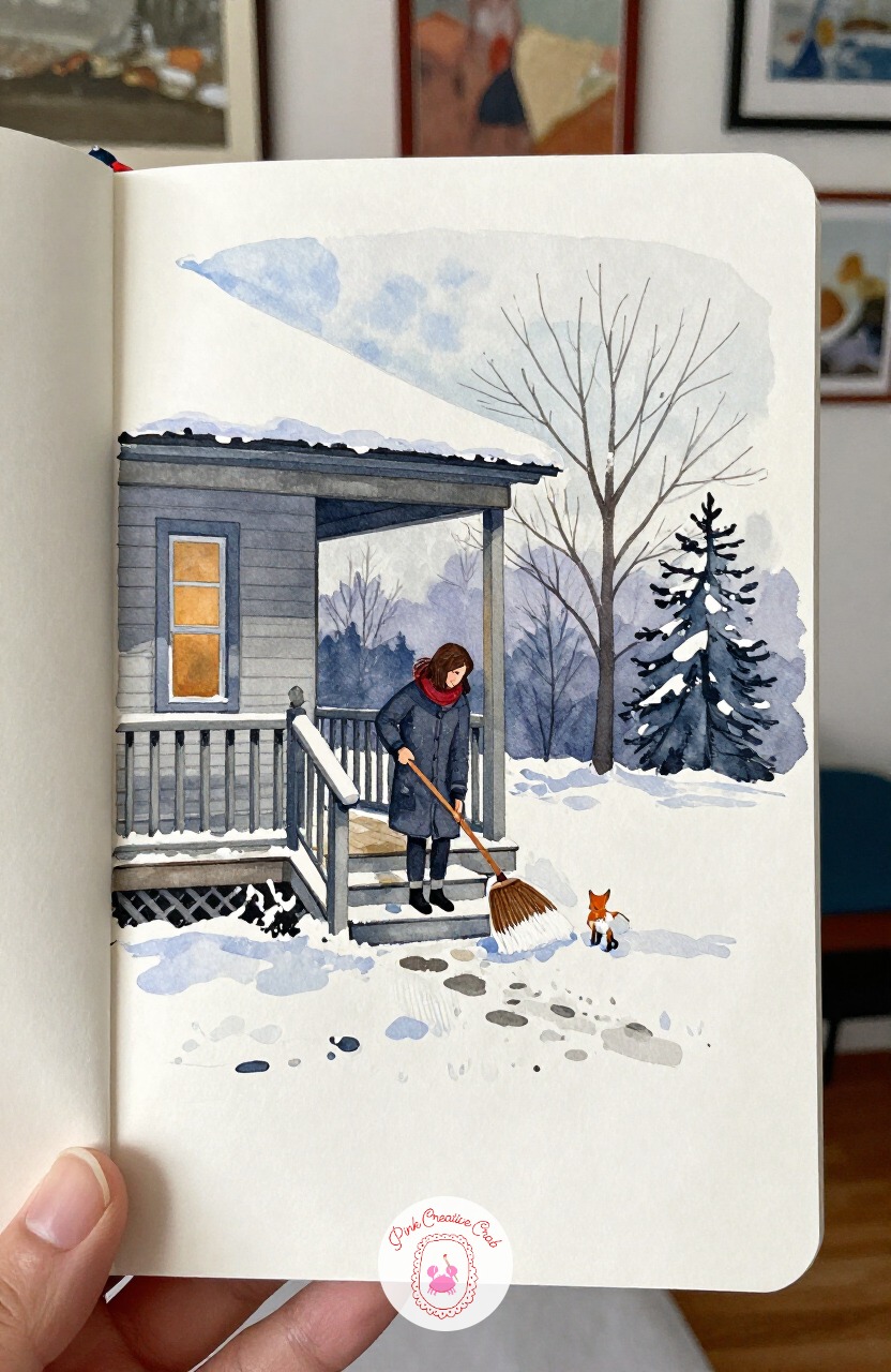 Woman Sweeping Snow From a Porch Step — Coming down from that leaping dog, settle into a quieter moment: a woman in a thick coat sweeping snow off her porch