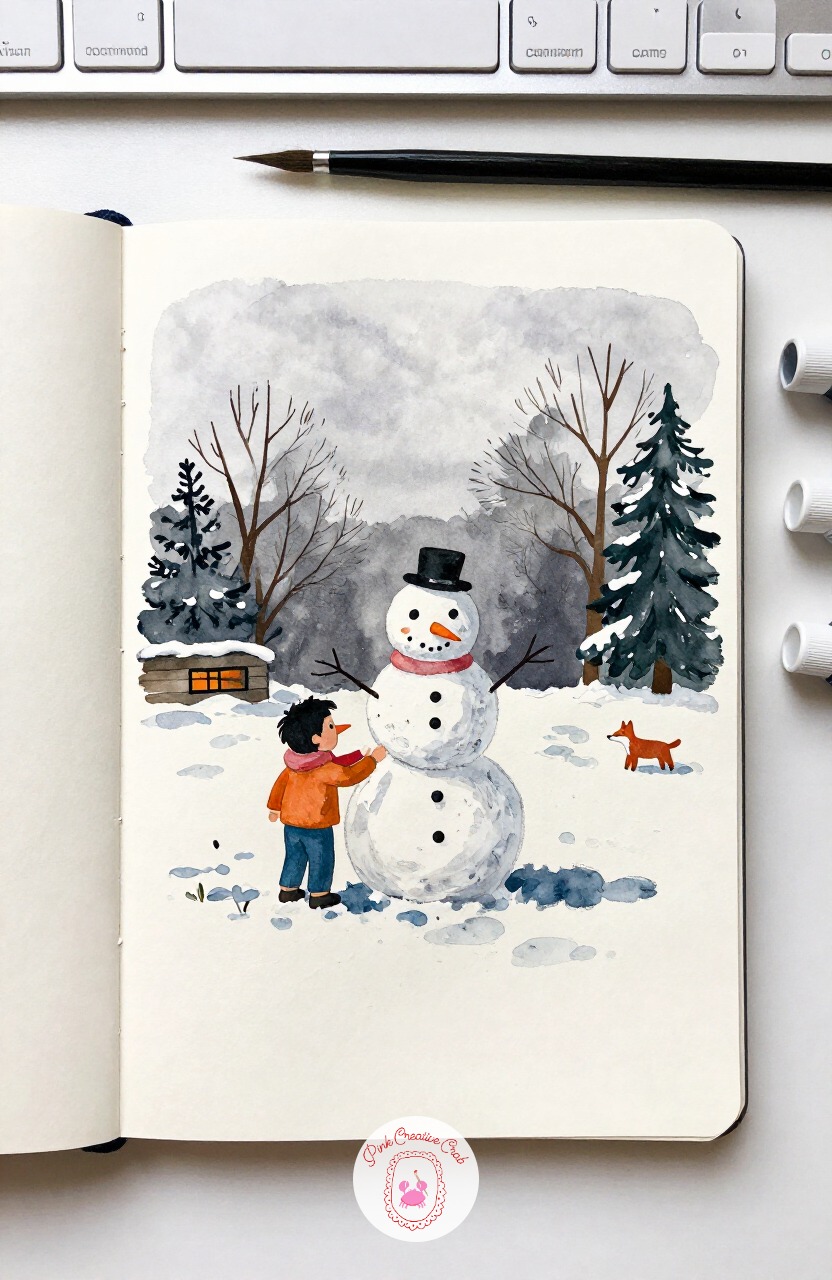Children Building a Lopsided Snowman — From one quiet porch to a noisier yard, two kids stacking snow into a slightly lopsided snowman makes a fun contrast.