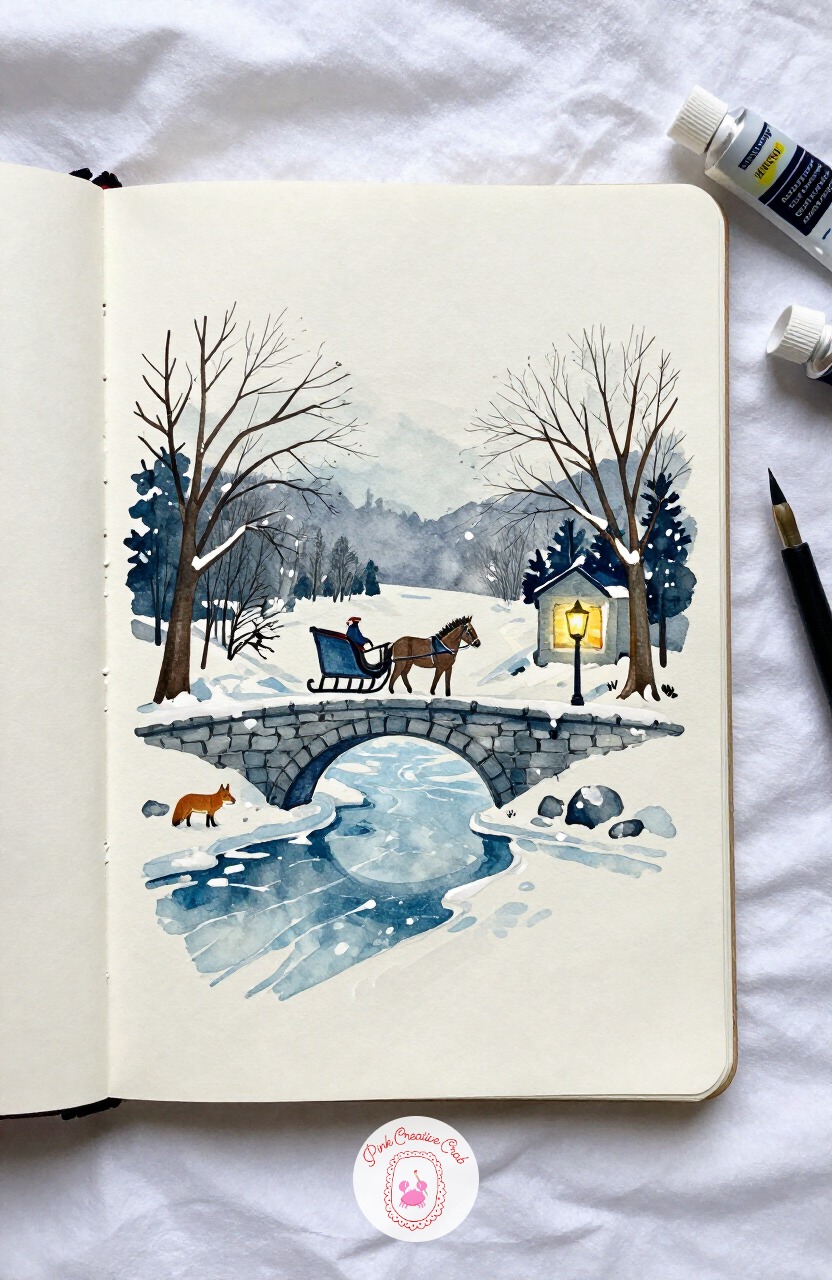 Horse-Drawn Sleigh Crossing a Bridge — Leaving the yard behind, picture a horse-drawn sleigh crossing a small stone bridge over a frozen stream. Winter