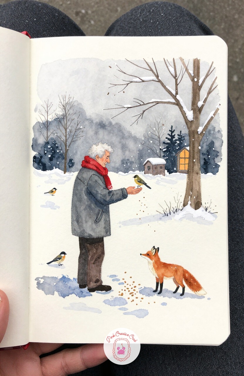 Elderly Man Feeding Winter Birds — After the motion of that sleigh, slow down again with an elderly man standing still in the snow, scattering seed for a small