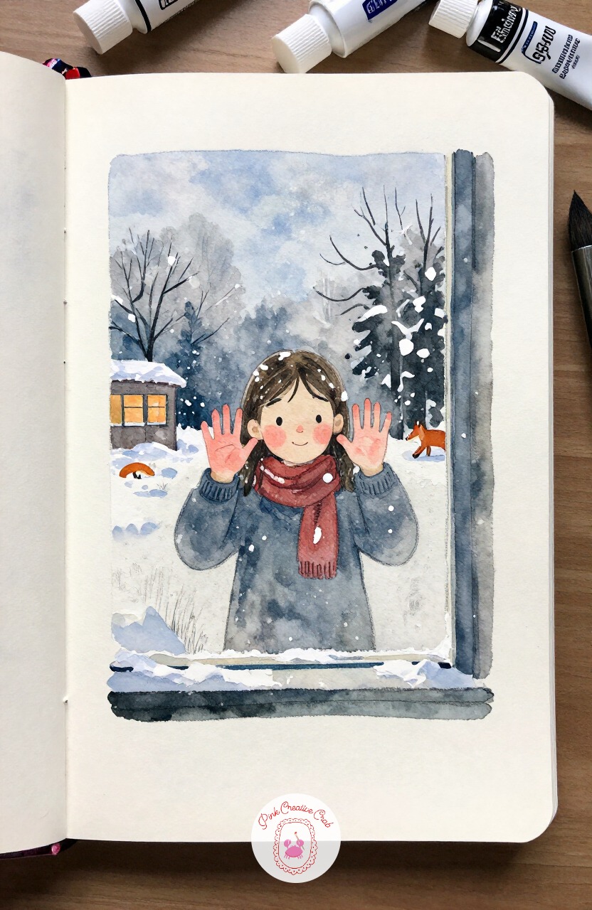 Girl Pressing Her Face Against a Frosted Window — Step inside for a moment with a girl pressing her face and palms against a frosted windowpane, looking out at