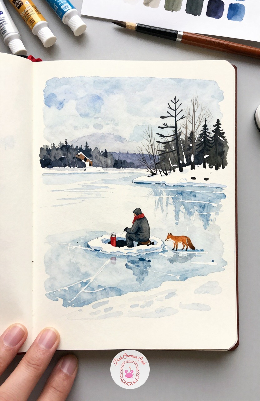 Ice Fisherman Beside a Small Hole in a Frozen Lake — From a warm window, head back out to open ice for a solitary ice fisherman seated beside his small drilled