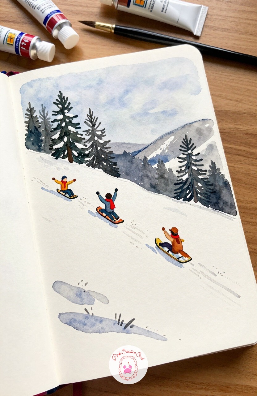Children Sledding Down a Steep Hill — Returning to that sled from earlier, this time let's paint the descent rather than the climb: kids flying down a steep
