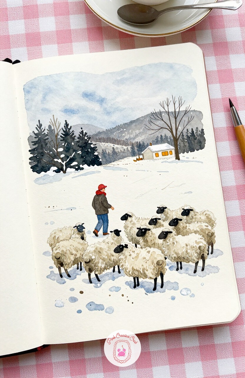 Farmer Checking on Sheep in a Snowy Pasture — Away from the hill's energy, a farmer walking through a snowy pasture to check on a huddled group of sheep makes
