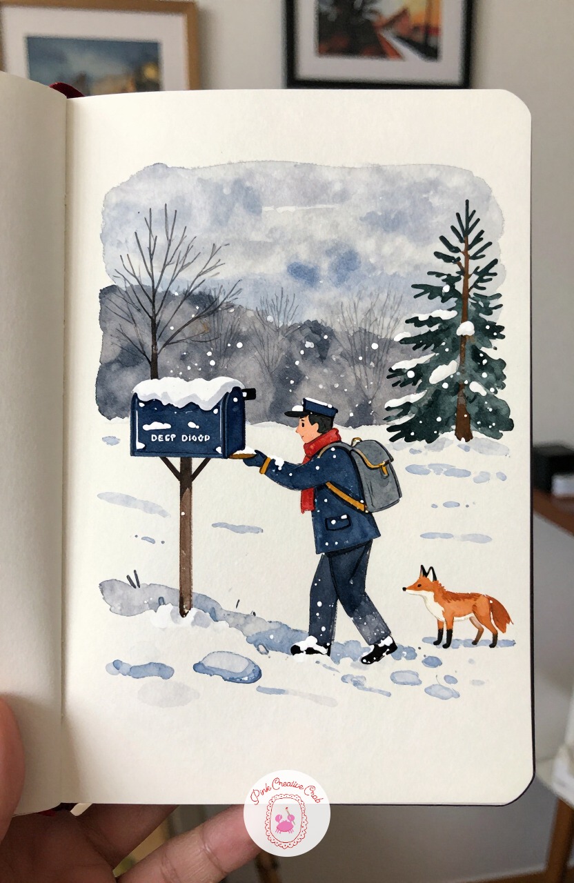 Postman Delivering Mail Through Deep Snow — From quiet pasture to a working figure, picture a postman wading through deep drifts, satchel over one shoulder