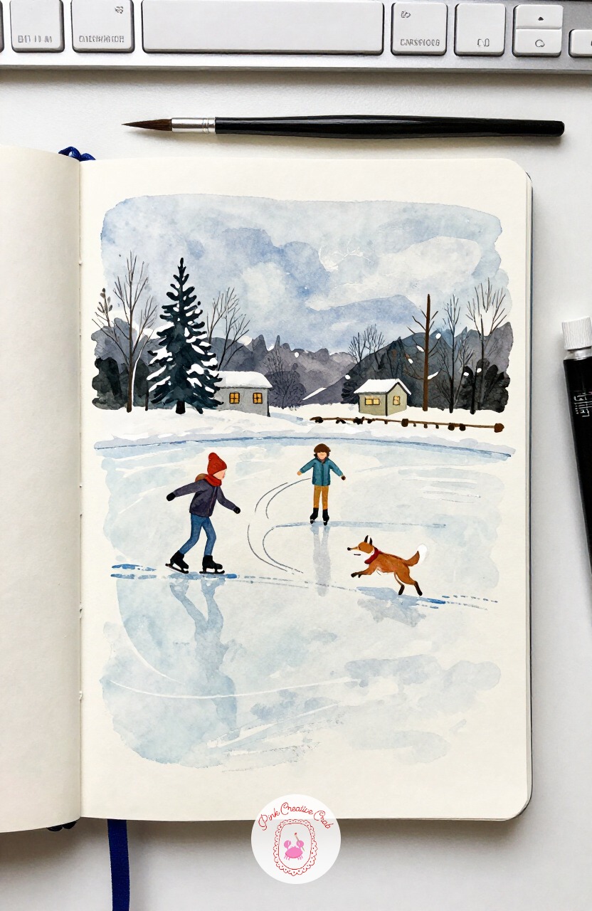 Children Ice Skating With a Dog Chasing Them — Back on the ice again, but livelier this time: a couple of kids skating in loose circles while a small dog