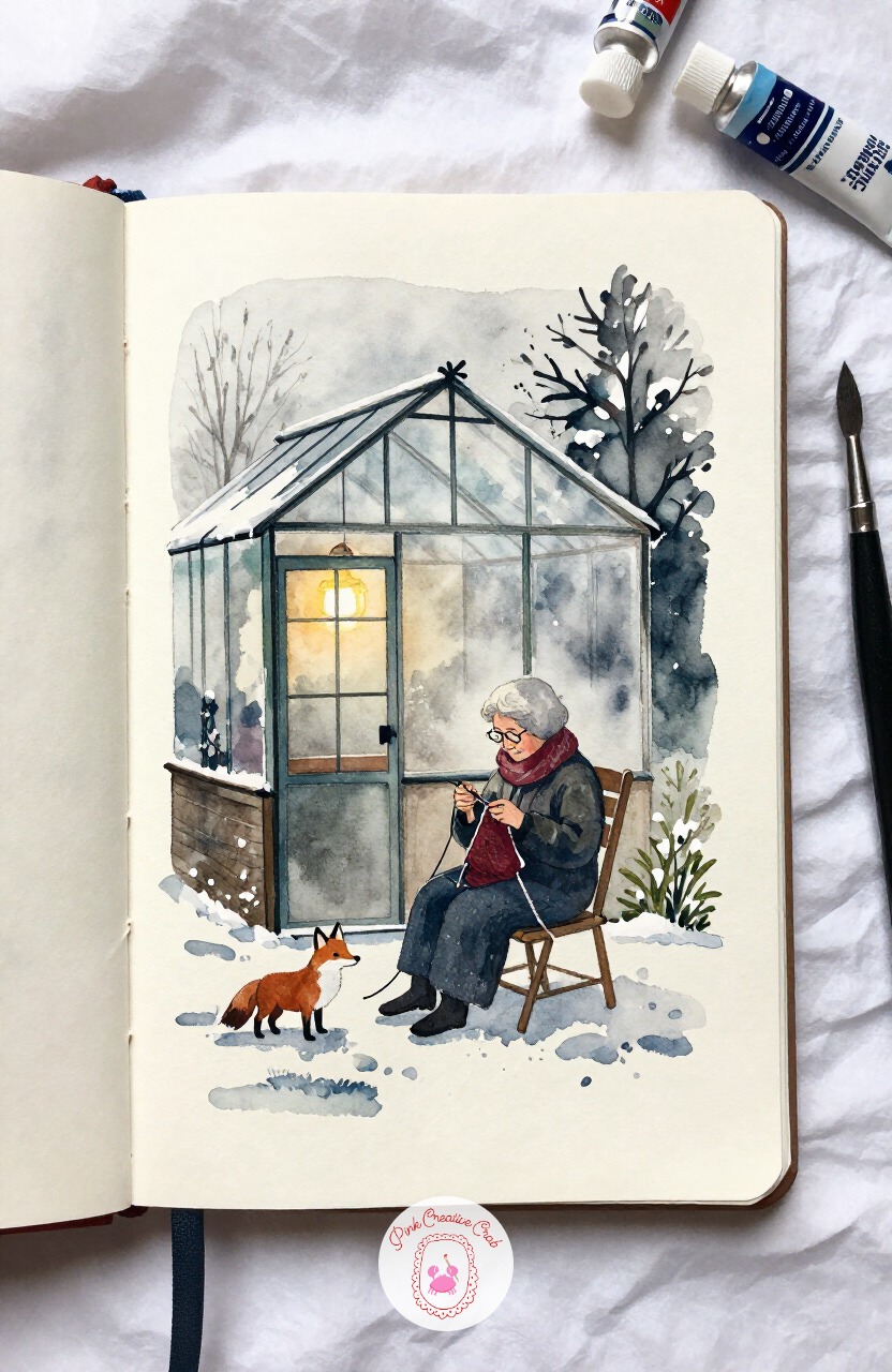 Elderly Woman Knitting by a Frosted Greenhouse — Slow the pace again with an elderly woman seated in a chair just inside a frosted greenhouse, knitting while