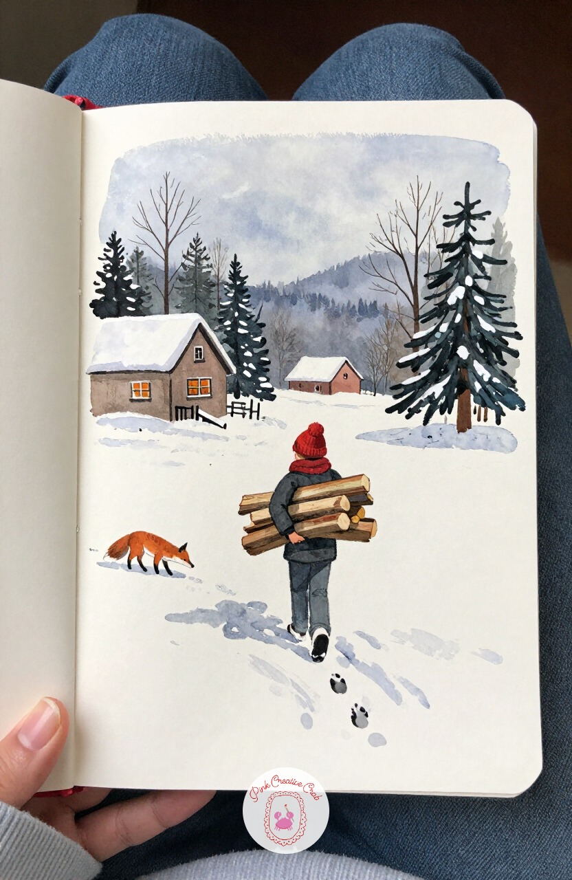 Boy Carrying Firewood Through the Snow — From that cozy greenhouse, step back outside with a boy stacking firewood in his arms and trudging it toward a distant