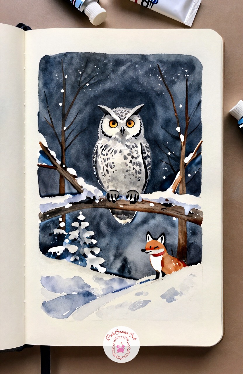 Owl Perched on a Snow-Laden Branch at Night — After all that human activity, give the page over to a single owl perched on a heavy, snow-laden branch against a