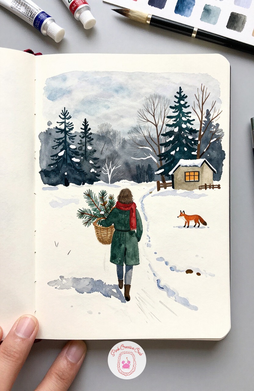 Woman Carrying a Basket of Pine Branches Home — Coming down from that night sky, follow a woman walking home along a snowy path with a basket of cut pine