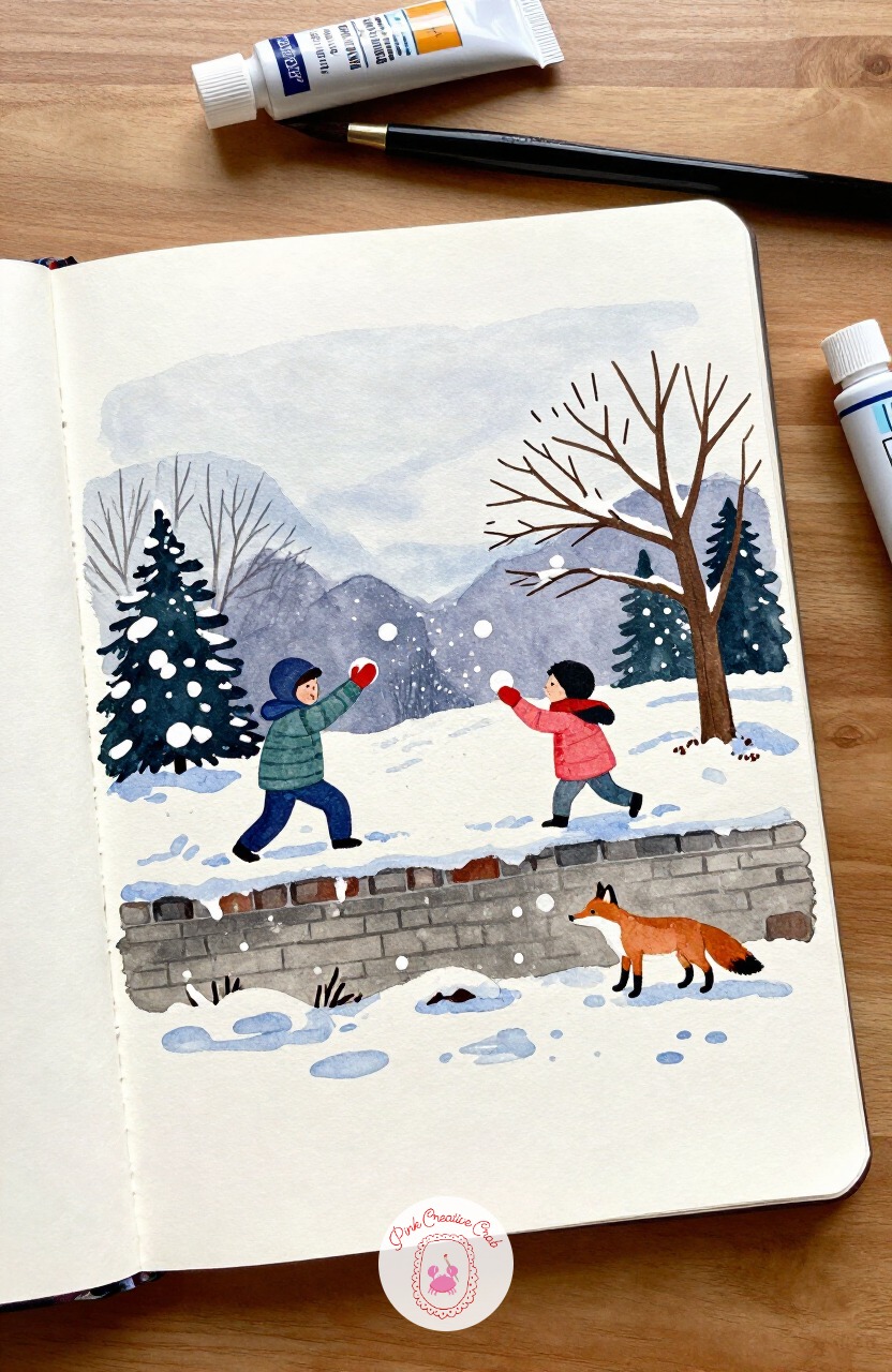 Children Having a Snowball Fight Behind a Low Wall — From a quiet walk home, bring the energy back up with two kids crouched behind a low snow wall, mid-throw