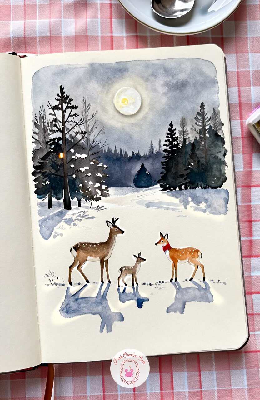 Deer Family Crossing a Moonlit Clearing — After that noisy fight, let the page go quiet again with a small deer family picking their way across a moonlit