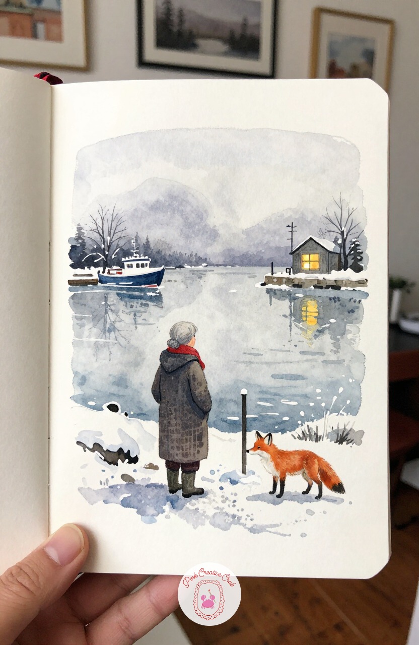 Elderly Fisherman's Wife Waiting at a Frosted Harbor — Shift from forest to coast with an older woman standing at a frosted harbor's edge, watching for a
