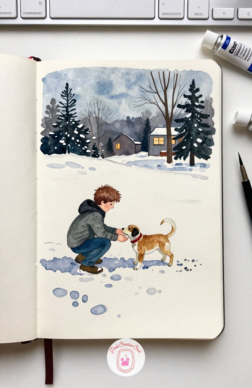 Boy Teaching a Puppy to Walk in Snow — From that quiet harbor, warm things back up with a boy crouched down, coaxing a nervous puppy to take its first steps