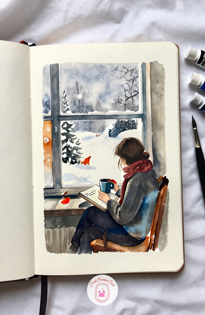Woman Painting the Winter View From a Window Seat — Turn the page inward again with a woman curled into a window seat, sketchbook or paints balanced on her