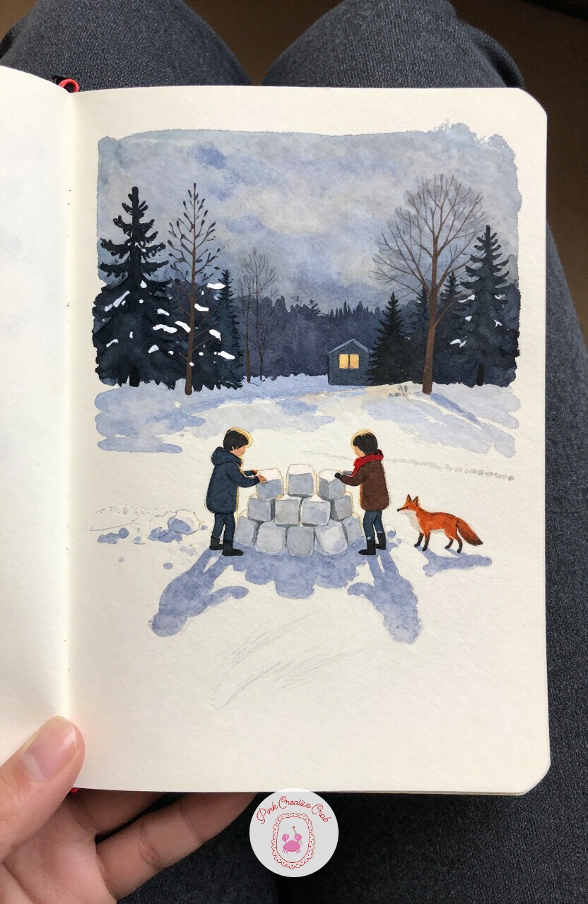 Children Building a Snow Fort at Dusk — From that quiet window seat, head back outside to two kids stacking snow blocks into a small fort as the light fades to