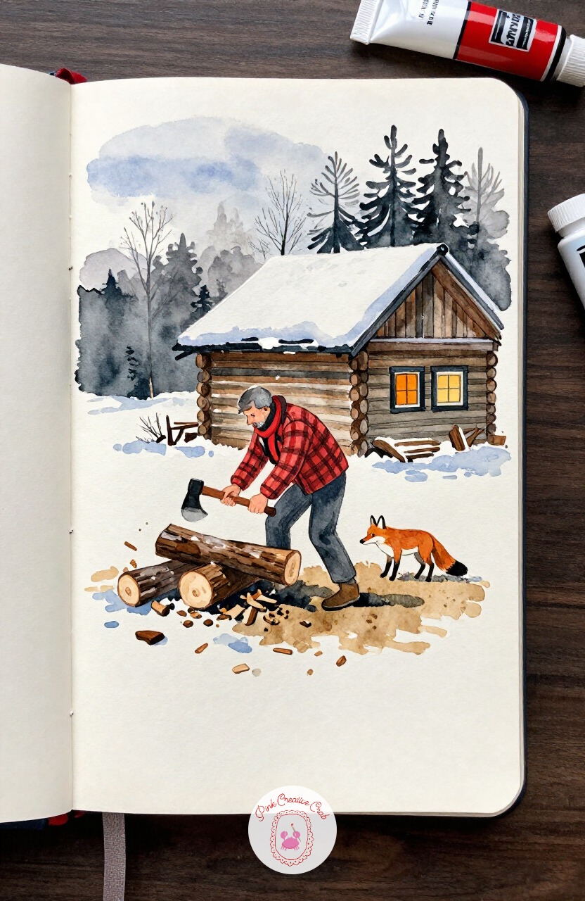 Old Man Chopping Wood Outside His Cabin — Following that fort at dusk, swing back to daylight with an old man mid-swing, axe raised, splitting logs outside a