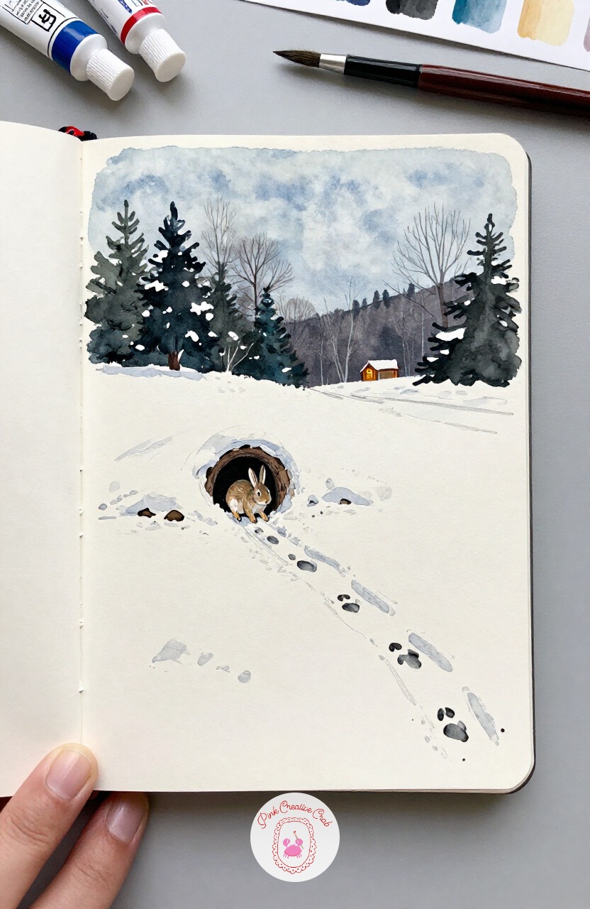 Rabbit Tracks Leading to a Snow Burrow — Give the page a breather with a quieter scene: a single rabbit pausing at the entrance to its snow burrow, a line of