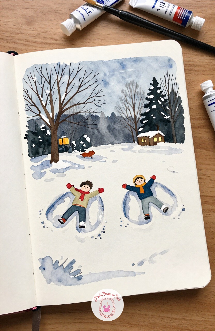 Children Making Snow Angels in a Garden — From that quiet burrow, bring energy back with two kids lying flat in fresh snow, arms sweeping wide mid-motion to