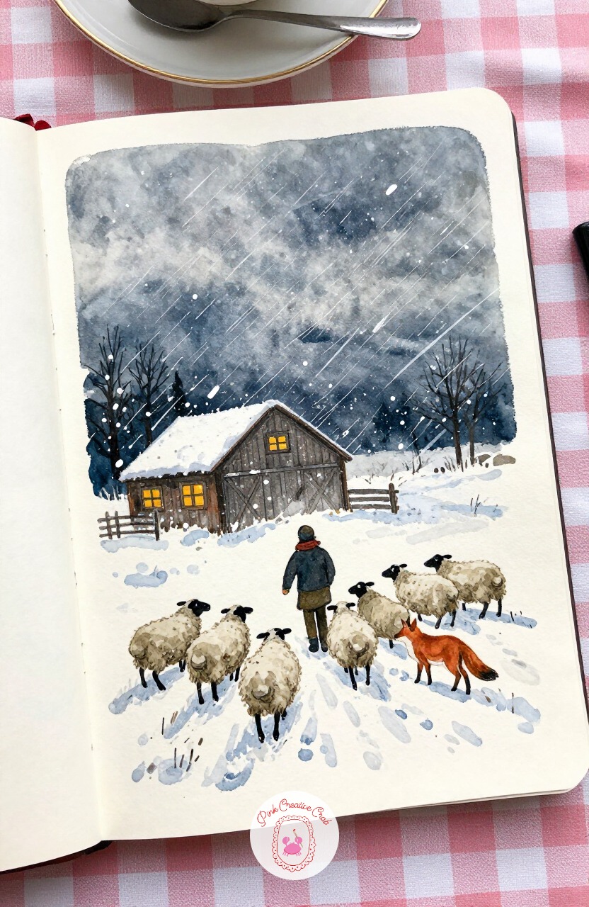 Shepherd Guiding Sheep Back to the Barn in a Storm — Raise the stakes slightly with a shepherd hurrying a small flock of sheep through blowing snow toward the