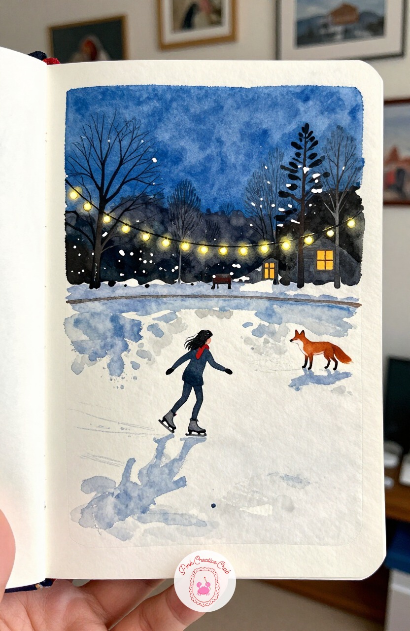 Girl Ice Skating Alone Under String Lights — After that stormy barn scene, cool back down with a lone girl skating gentle figures on a pond strung with simple