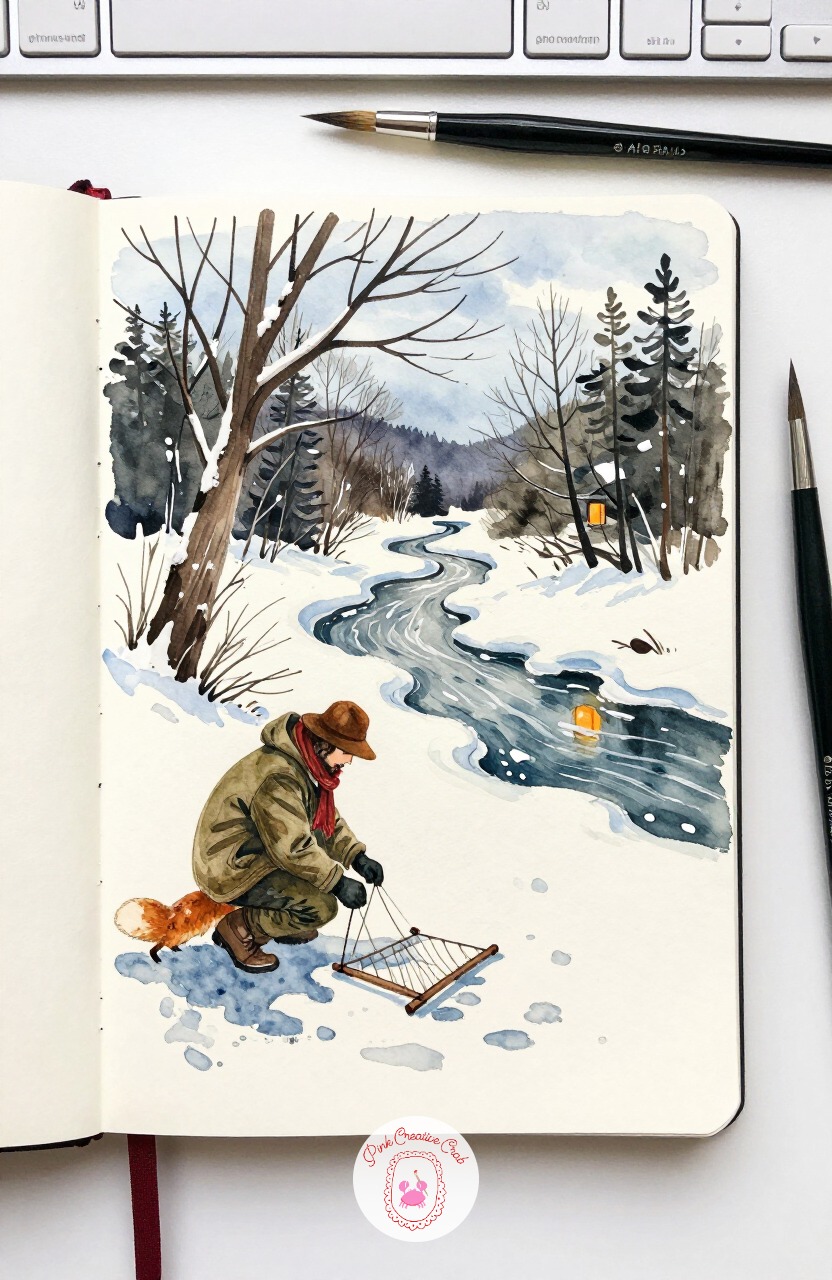 Trapper Checking Snares Along a Frozen Creek — From string lights, head into quieter wilderness with a lone trapper crouched beside a frozen creek, checking a