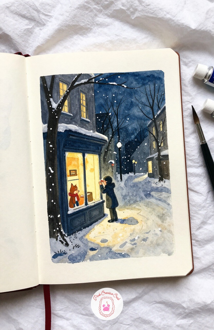 Children Pressing Noses Against a Toyshop Window at Night — Bring the scene back into town with two kids pressed close to a shop window at night, noses nearly