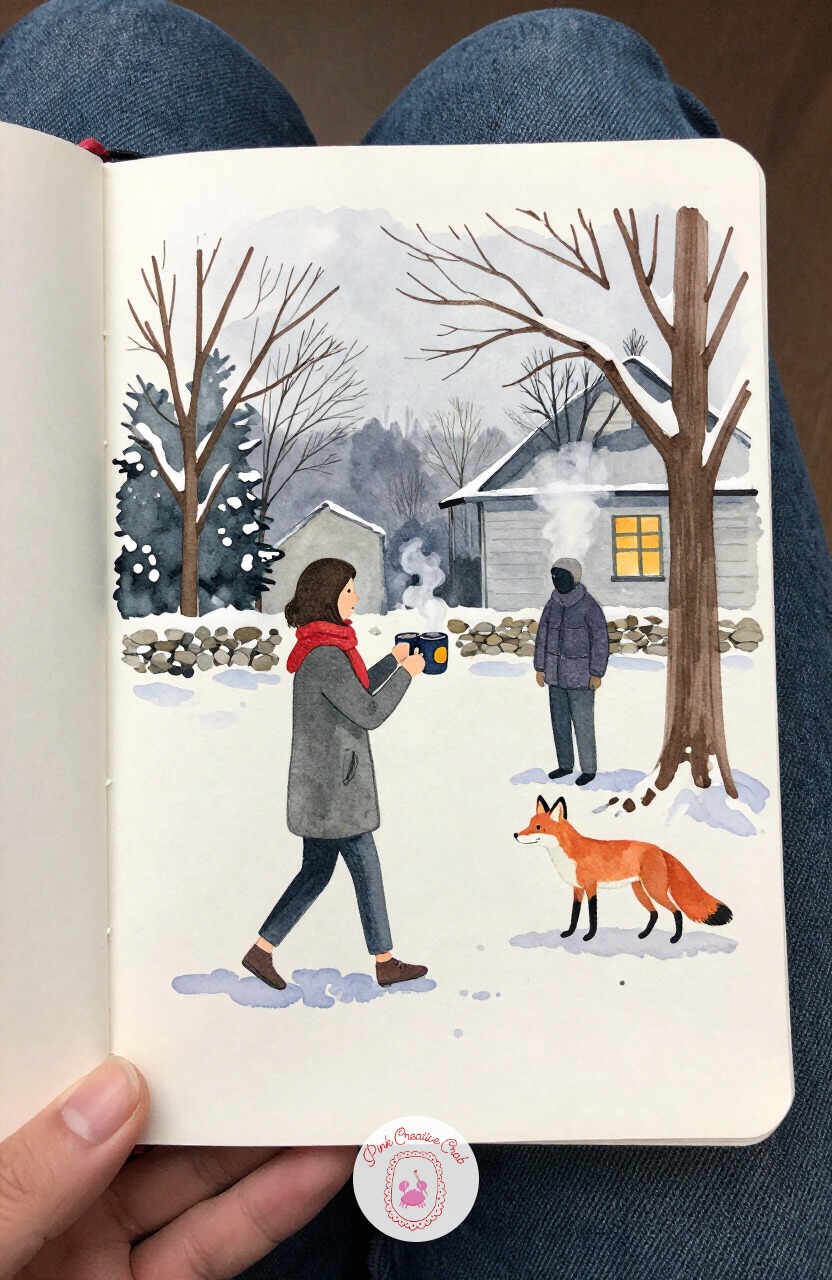 Woman Carrying Steaming Cups Across a Snowy Yard — From that glowing window, step back into daylight with a woman crossing her yard carrying two steaming mugs