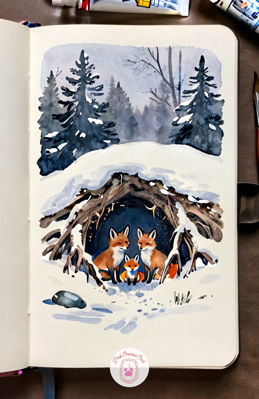 Fox Family Denning Beneath a Snow-Covered Root — Return to wildlife with a small fox family, one adult and two kits, tucked beneath the snow-covered roots of a