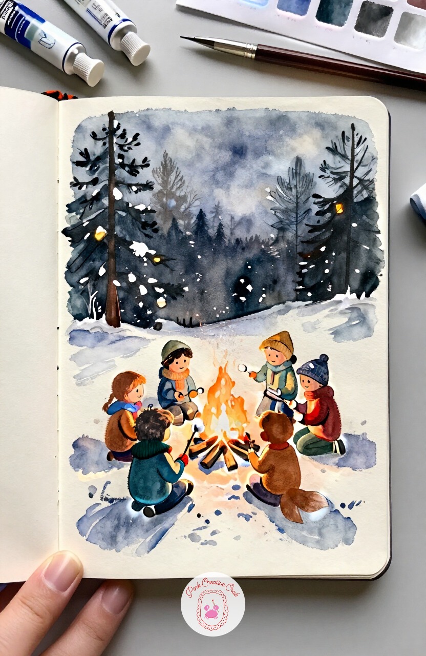 Children Roasting Marshmallows Over an Outdoor Fire — From that quiet den, bring warmth and noise back with a few kids gathered around a small outdoor fire