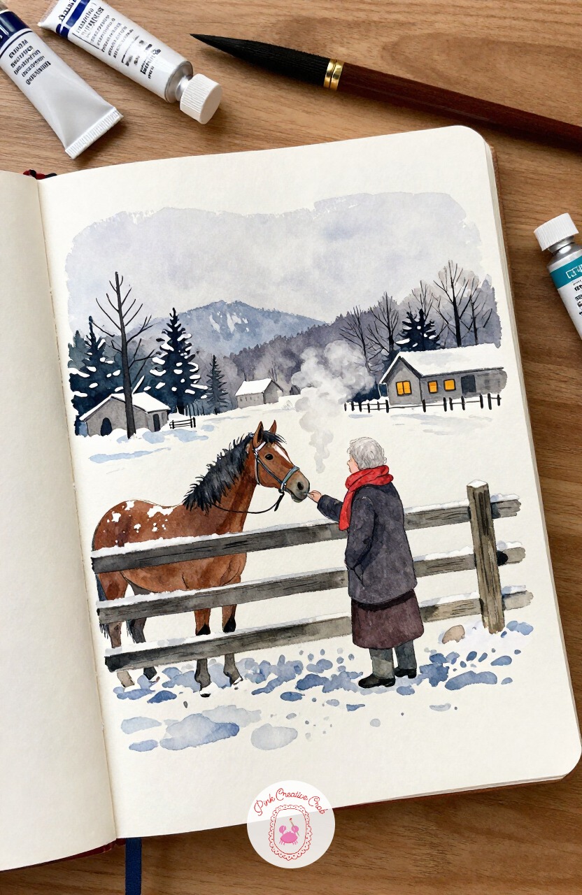 Elderly Woman Feeding a Horse Over a Snowy Fence — Slow the pace with an elderly woman standing at a wooden fence, offering something from her palm to a horse