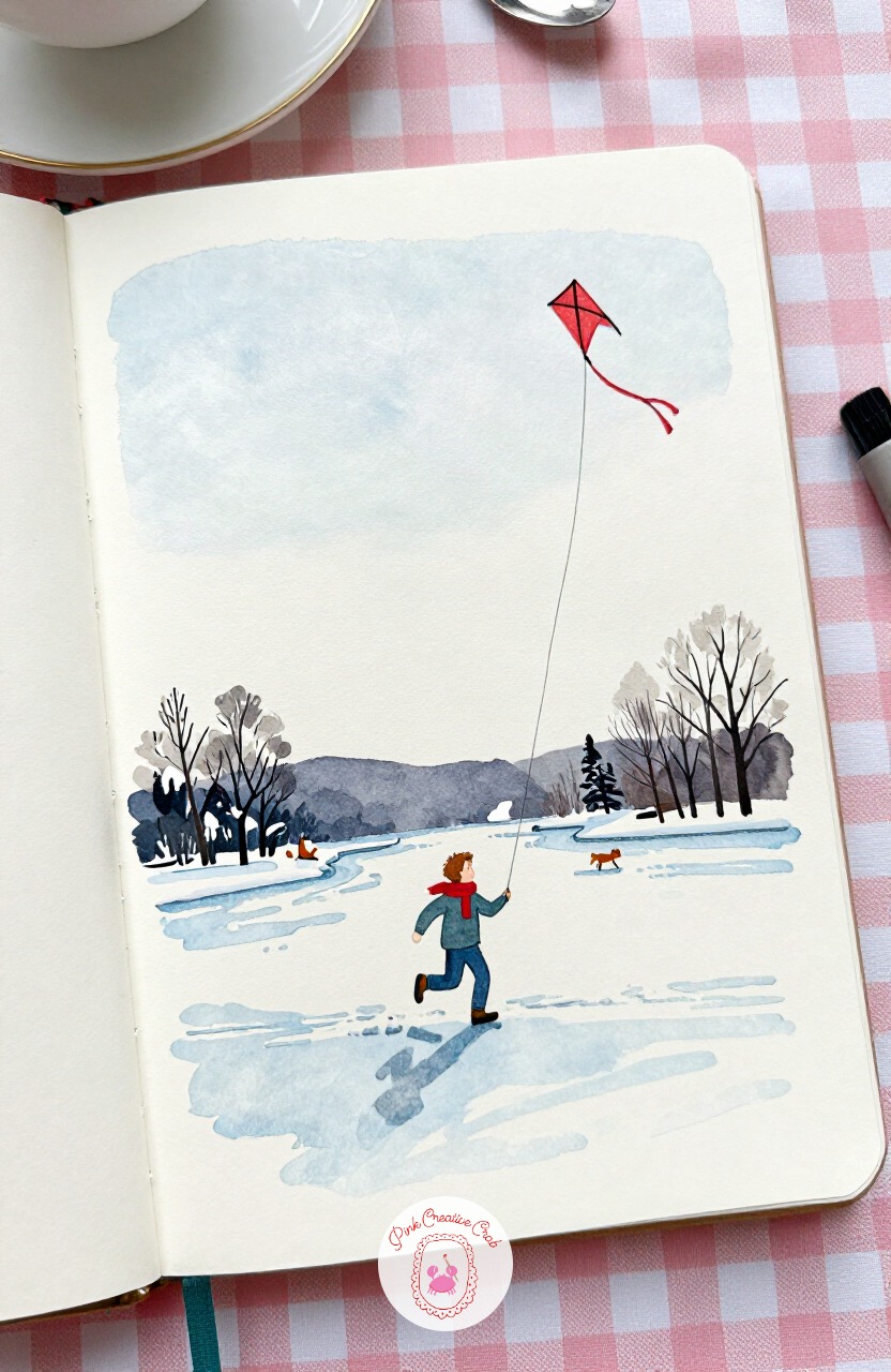 Boy Flying a Kite Across a Frozen Lake — From the quiet fence scene, pick the energy back up with a boy running across open lake ice, kite climbing high behind