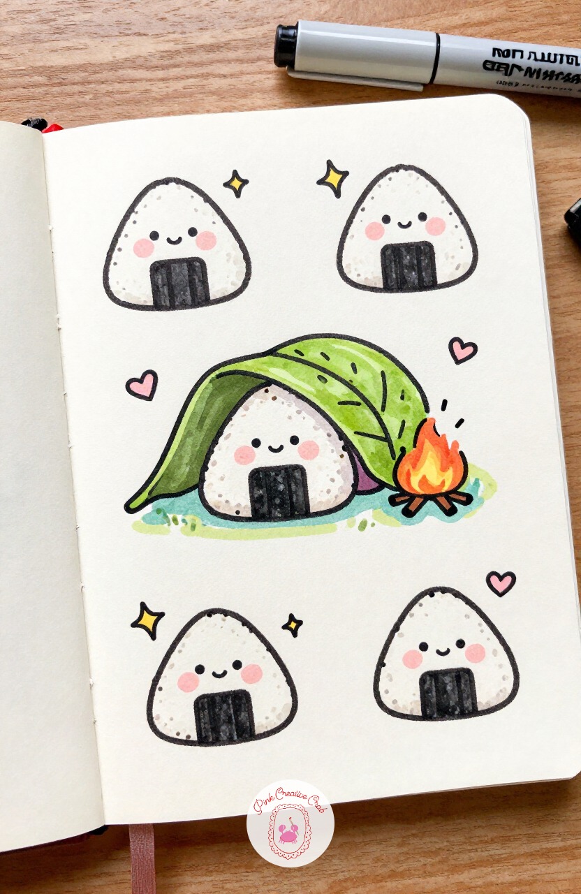 Onigiri Camping Under a Leaf — Onigiri Camping Under a Leaf is the easiest character to start with, so it is a good first page for a child and adult to share.