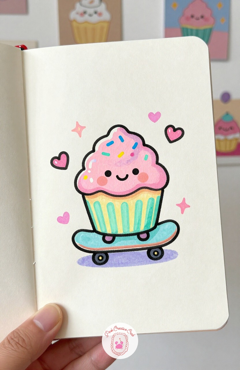 Cupcake on a Skateboard — Cupcake on a Skateboard asks you to think about proportion before you pick up a marker. Kawaii sketchbook